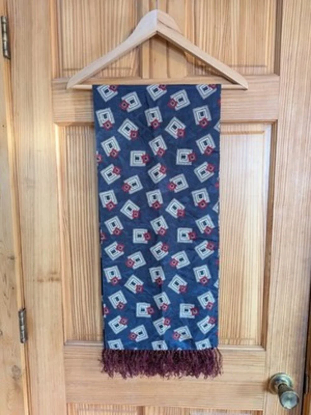 VTG Polo Ralph Lauren 100% Silk Italy Made Men's Navy Foulard Scarf & Red Fringe